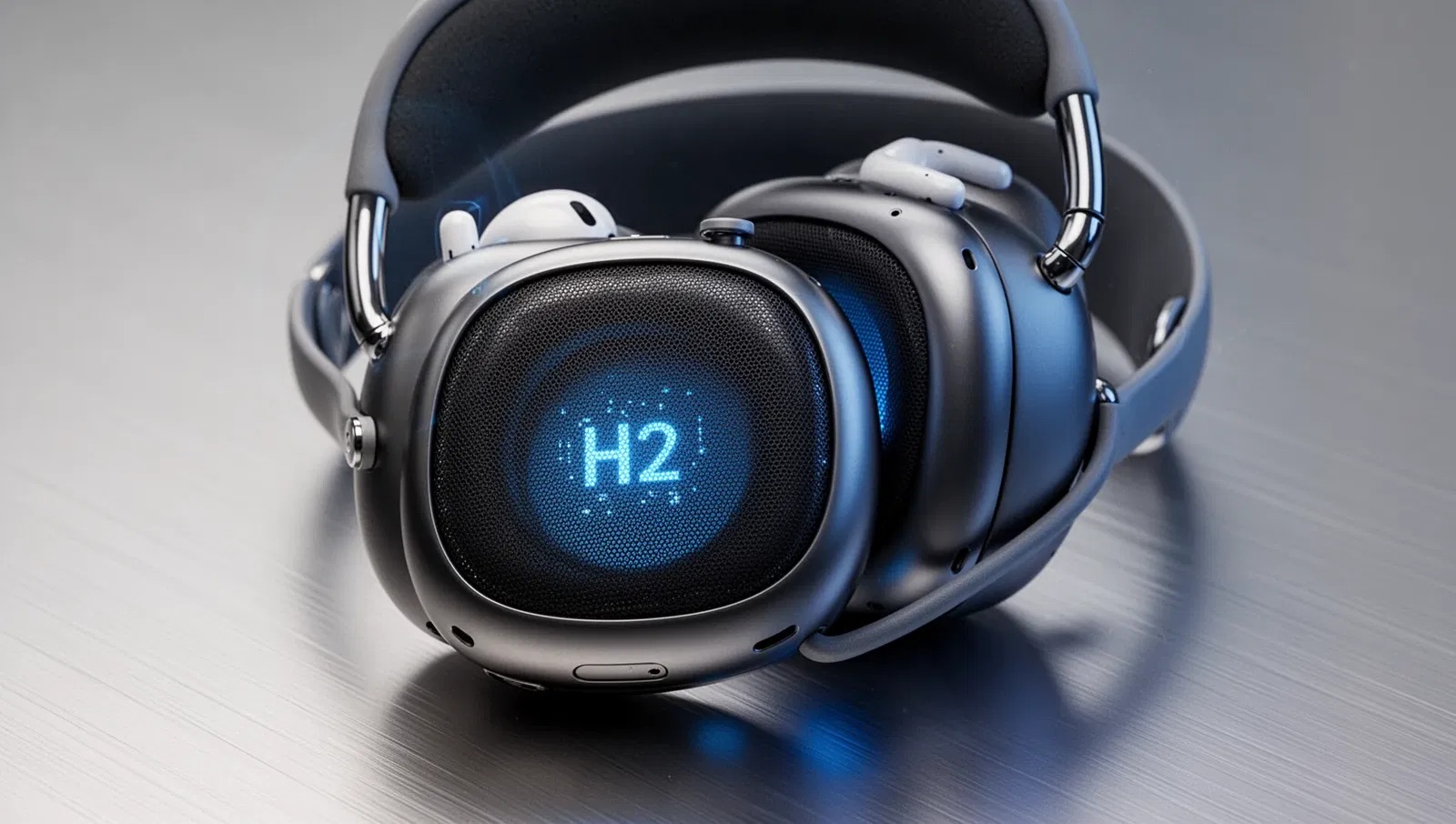 من موقع فون إسلام: زوج من سماعات AirPods Max 2 اللاسلكية فوق الأذنين مع شاشة رقمية على غطاء الأذن تظهر عليها "H2" باللون الأزرق.