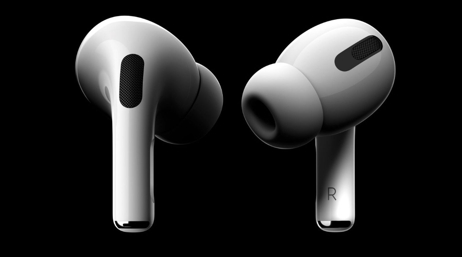 من موقع فون إسلام: تظهر سماعتا أذن لاسلكيتان من سماعة AirPods برو اللاسلكية من سماعة سماعة AirPods برو اللاسلكية باللون الأبيض مع أطراف أذن من السيليكون وشبكات مكبر صوت سوداء على خلفية سوداء، مما يوضح تحسين الصوت لسماعات الأذن من آي-فون.
