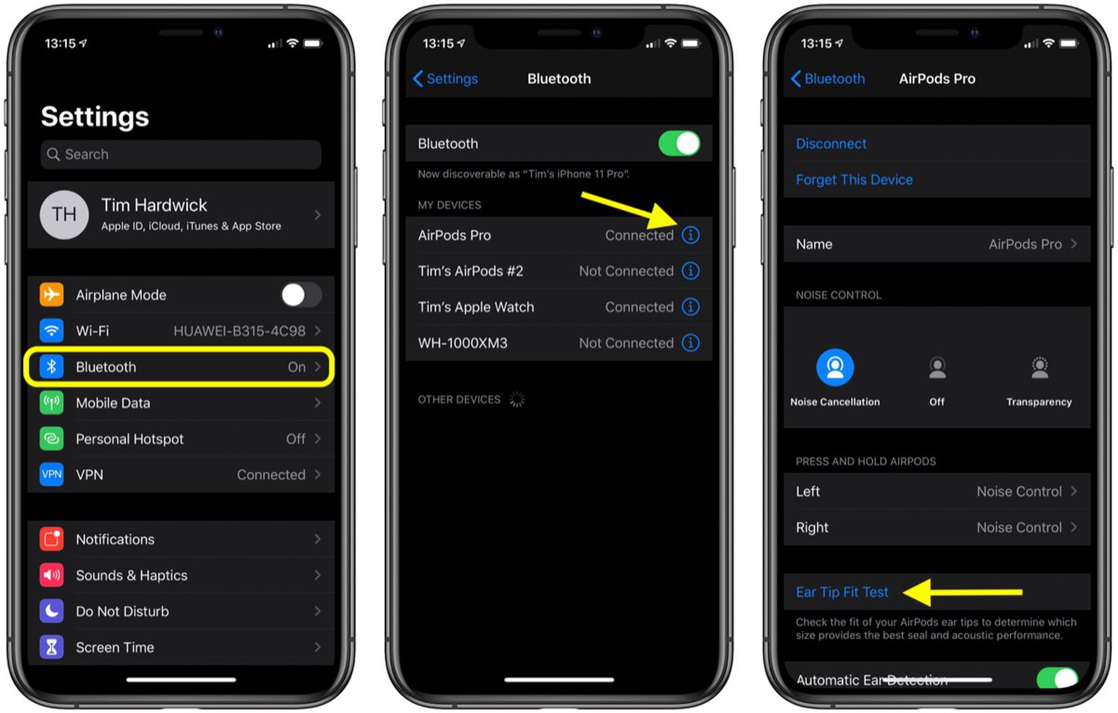 من موقع فون إسلام: تعرض ثلاث شاشات للآيفون كيفية توصيل سماعة سماعة AirPods من سماعة AirPods عبر البلوتوث والوصول إلى اختبار ملاءمة طرف الأذن في إعدادات للحصول على أفضل تجربة صوت آي-فون.