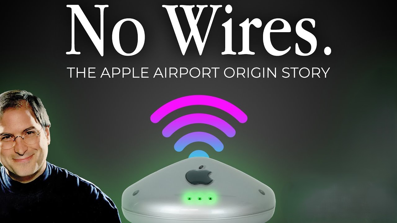 من موقع فون إسلام: صورة ترويجية مع نص "بدون أسلاك. The Apple Airport Origin Story"، يظهر فيها ستيف جوبز ومحطة قاعدة مطار آبل التي تبث إشارة Wi-Fi. فيديو نادر يوثق لحظة إطلاق التقنية الثورية.