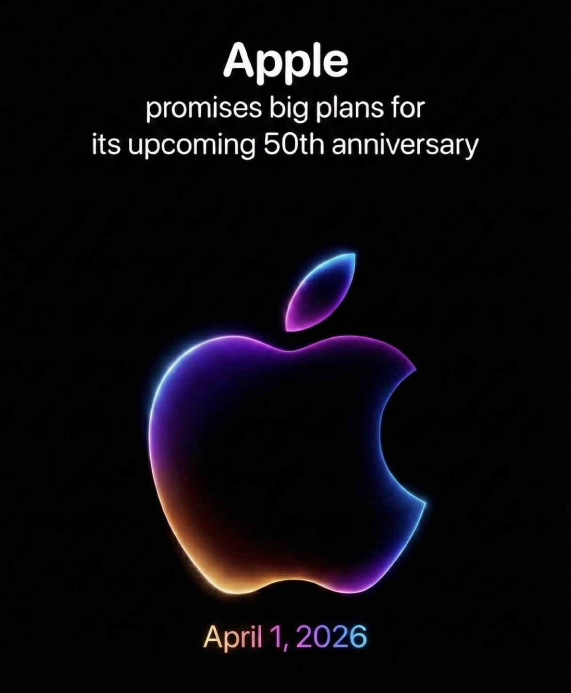 من موقع فون إسلام: تعلن شركة Apple عن خططها الرئيسية لـ @2026، حيث يظهر شعار Apple بلون النيون وتاريخ 1 أبريل 2026.