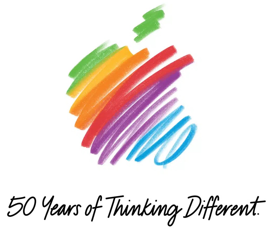 من موقع فون إسلام: شكل تفاحة منمق بألوان قوس قزح مع نص "50 عاماً من التفكير المختلف" مكتوب أدناه بخط متصل احتفالاً بـ.