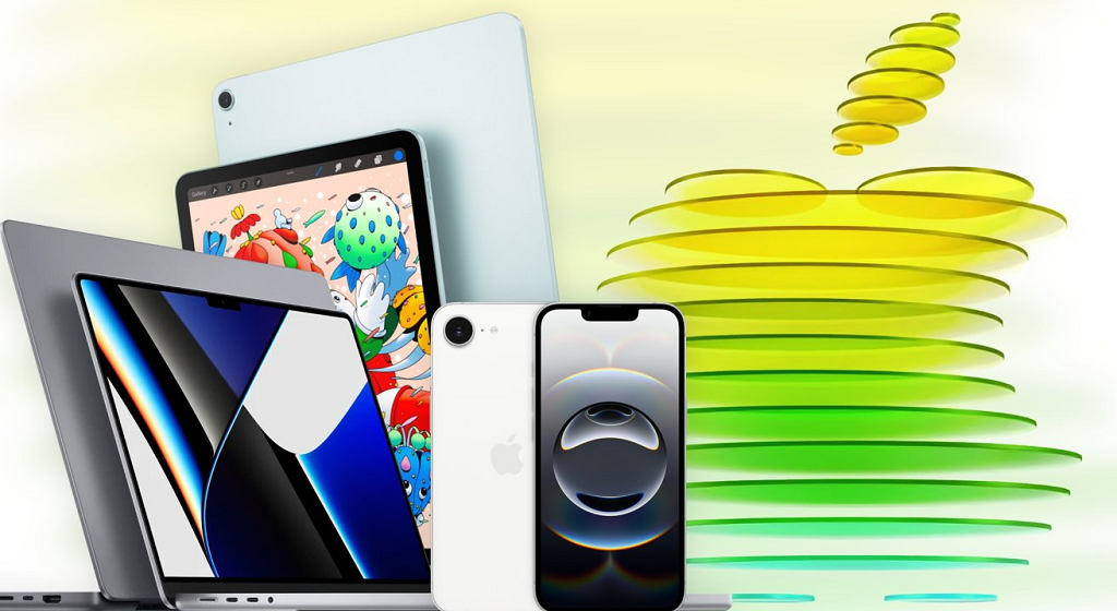 من موقع فون إسلام: مجموعة من أجهزة Apple، بما في ذلك جهاز MacBook مزود بشريحة M5 وجهاز iPad وiPhone، معروضة بجانب شعار Apple باللونين الأصفر والأخضر.