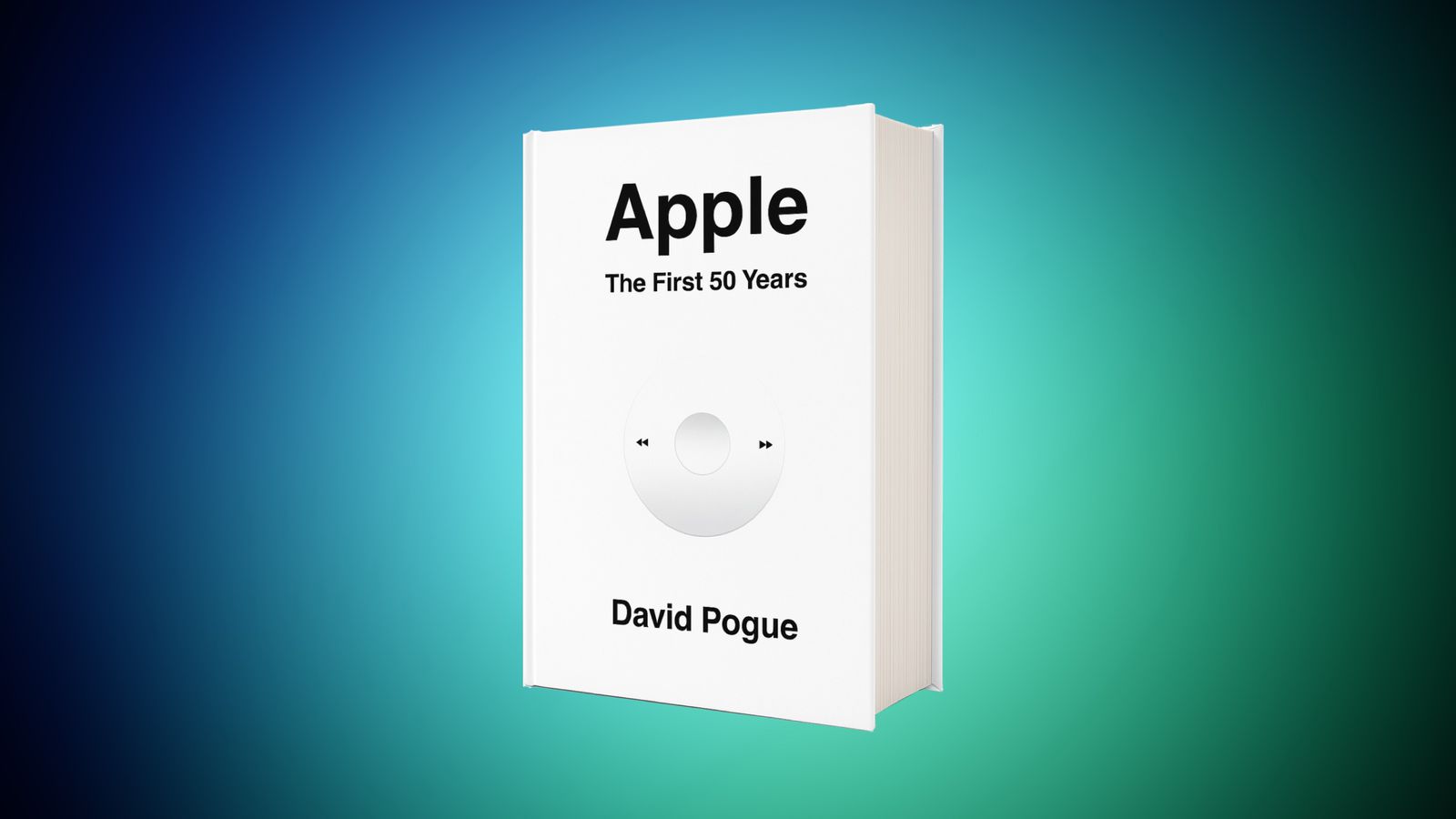 من موقع فون إسلام: كتاب أبيض بعنوان "Apple: أول 50 عامًا" من تأليف ديفيد بوغ يتميز بتصميم يشبه عجلة نقر الآيبود على الغلاف، على خلفية متدرجة باللونين الأزرق والأخضر، وهو تصميم مثالي للقراءة.