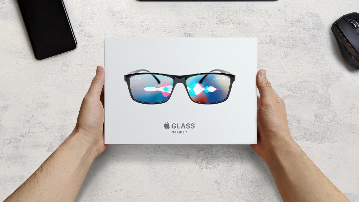 من موقع فون إسلام: شخص يحمل صندوقًا مكتوبًا عليه "Apple Glass Series 1" يحمل صورة لنظارة ذات انعكاسات ملونة على العدسات، ويعرض أحدث أجهزة آبل قابلة للارتداء مدعومة من الذكاء الاصطناعي.