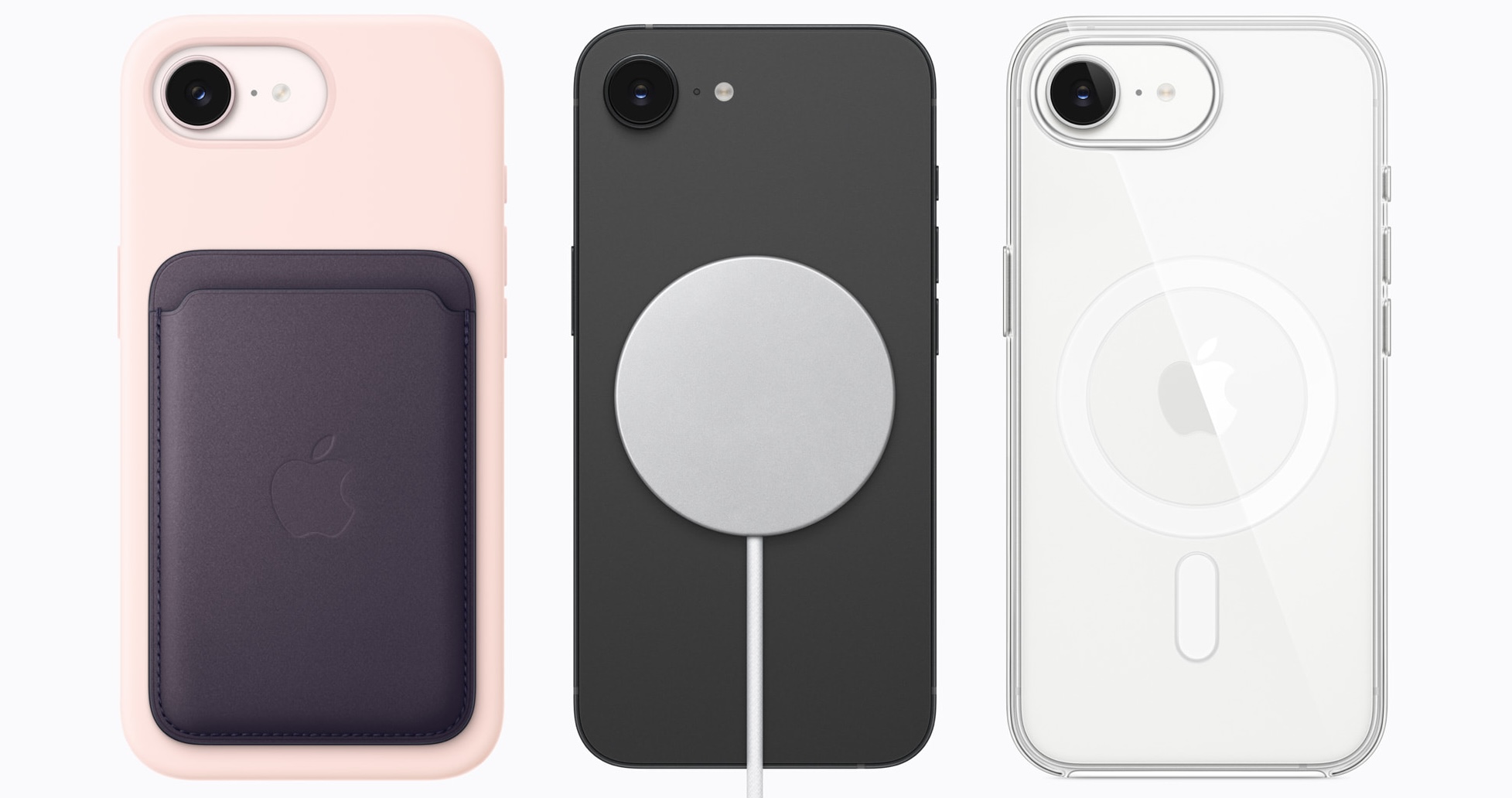 من موقع فون إسلام: ثلاثة هواتف آي-فون 17e مع حافظات فريدة من نوعها: واحد وردي مع محفظة، وآخر أسود مع شاحن MagSafe، وآخر شفاف يظهر عليه شعار Apple وحلقة MagSafe، ويتميز كل منها بحافظة A19 وأداء قوي بسعر تنافسي.