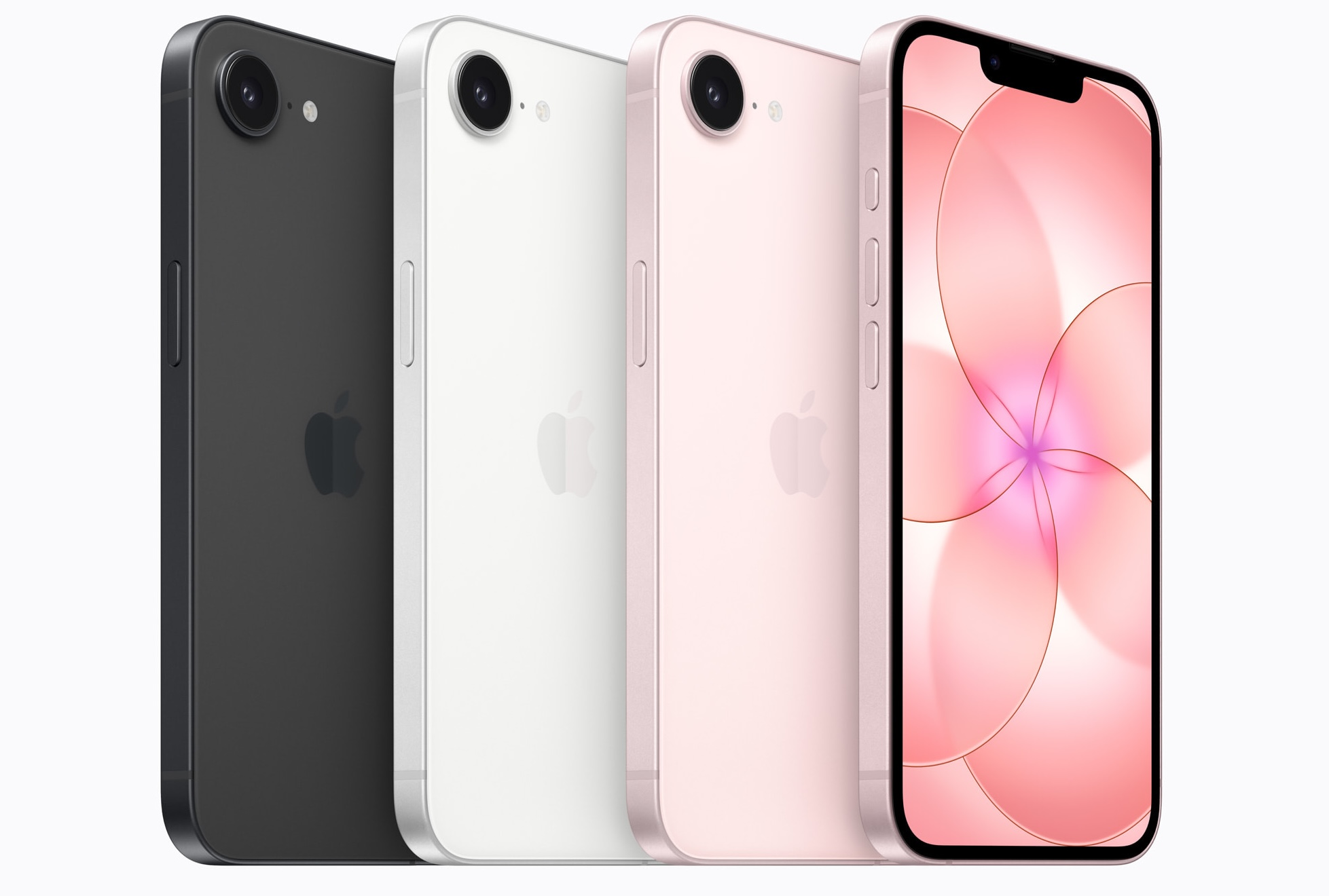 من موقع فون إسلام: تُعرض أربعة أجهزة آي-فون 17e بألوان الأسود والأبيض والوردي، حيث تظهر شاشة أحد الهواتف على شاشته الأمامية بخلفية تجريدية وردية اللون. الآن مع شريحة شريحة a19 وأداء قوي بسعر تنافسي.