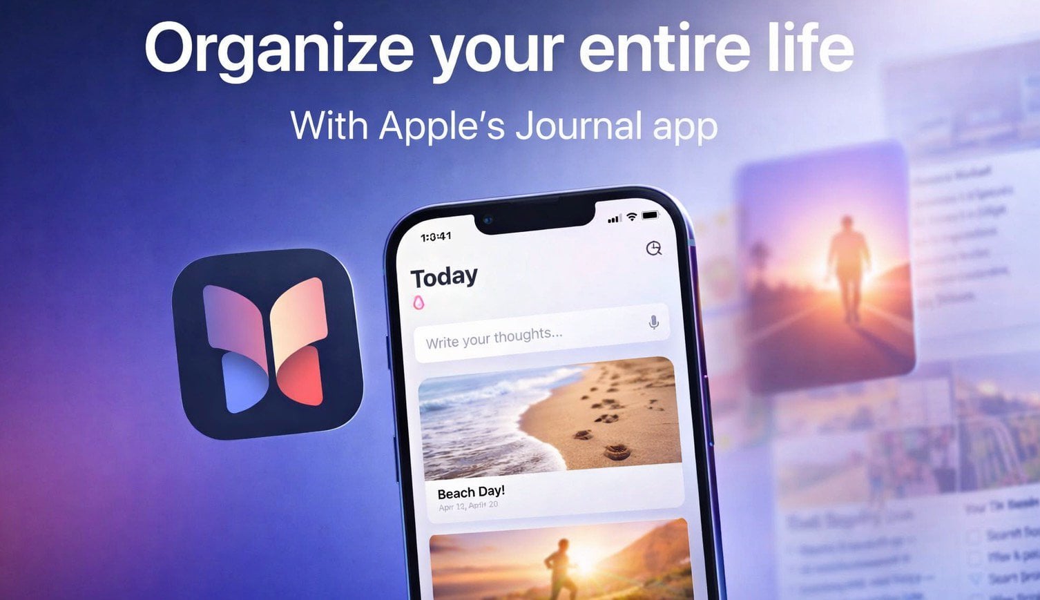 من موقع فون إسلام: تعرض شاشة الهاتف الذكي تطبيق Apple Journal مع الصور والملاحظات. النص أعلاه يقول: "نظّم حياتك بالكامل مع تطبيق Apple's Journal." تظهر أيقونة التطبيق على اليسار.