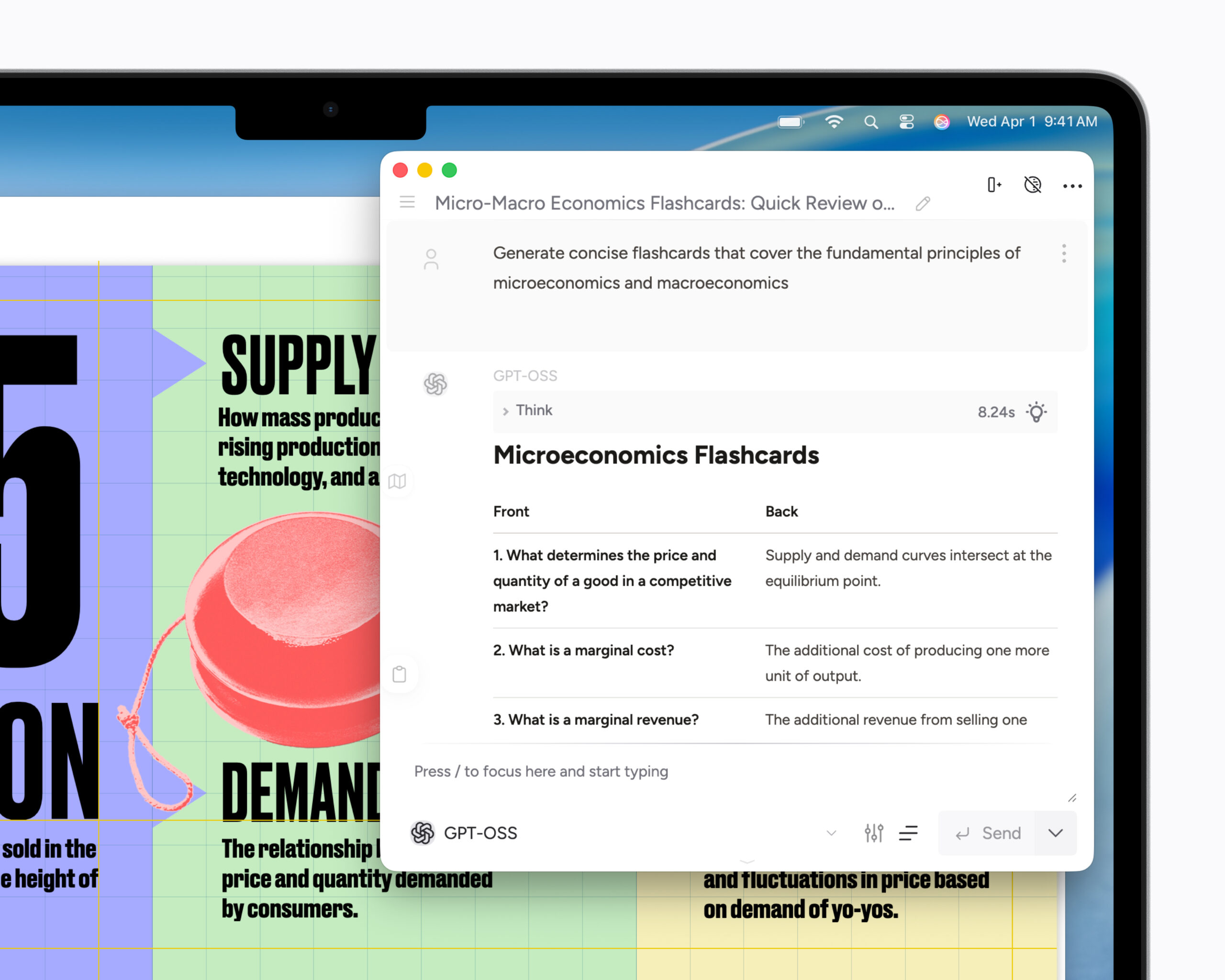 من موقع فون إسلام: تعرض شاشة ماك بوك بوك M5 مذكرة رقمية بعنوان "البطاقات التعليمية للاقتصاد الجزئي"، والتي تضم أسئلة وإجاباتها في تطبيق لتدوين الملاحظات في الاقتصاد الجزئي.