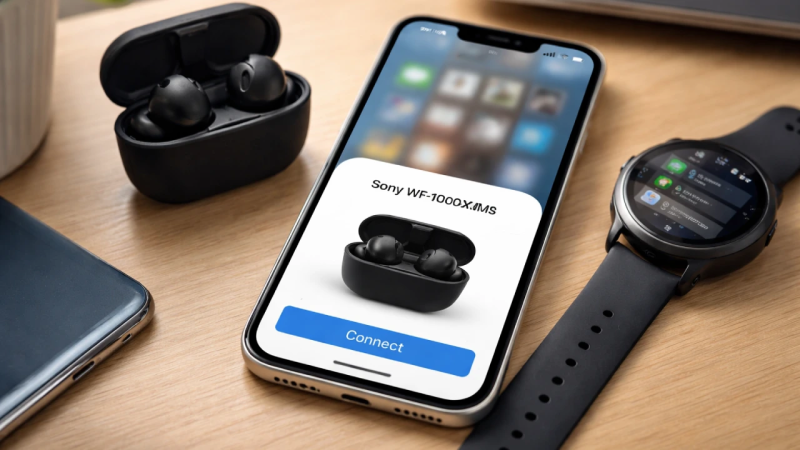 من موقع فون إسلام: هاتف ذكي يعرض شاشة إقران لسماعات الأذن WF-1000XM5 من سوني WF-1000XM5، إلى جانب علبة سماعات الأذن، وساعة ذكية وجهاز كمبيوتر محمول على سطح خشبي - وهو إعداد يبرز مزايا التقنية وتكاملها مع ميزات آبل في الاتحاد الأوروبي.
