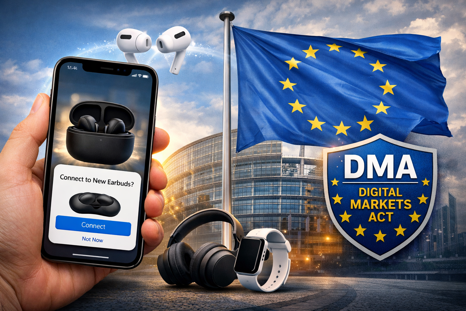من موقع فون إسلام: يد تحمل هاتفًا يظهر عليه شاشة "الاتصال بسماعات الأذن الجديدة؟"، وتظهر في الخلفية أجهزة تقنية مختلفة وعلم الاتحاد الأوروبي ودرع مكتوب عليه "قانون الأسواق الرقمية DMA".