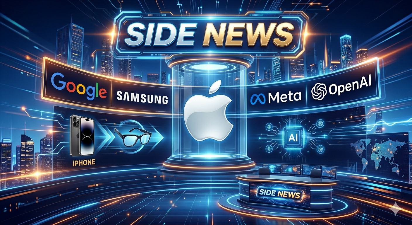 من موقع فون إسلام: استوديو إخباري مستقبلي يعرض شعارات Apple وGoogle وSamsung وMeta وOpenAI، مع رسومات رقمية للذكاء الاصطناعي وiPhone والنظارات الذكية في الخلفية لأحدث أخبار التقنية وملخص الأخبار.