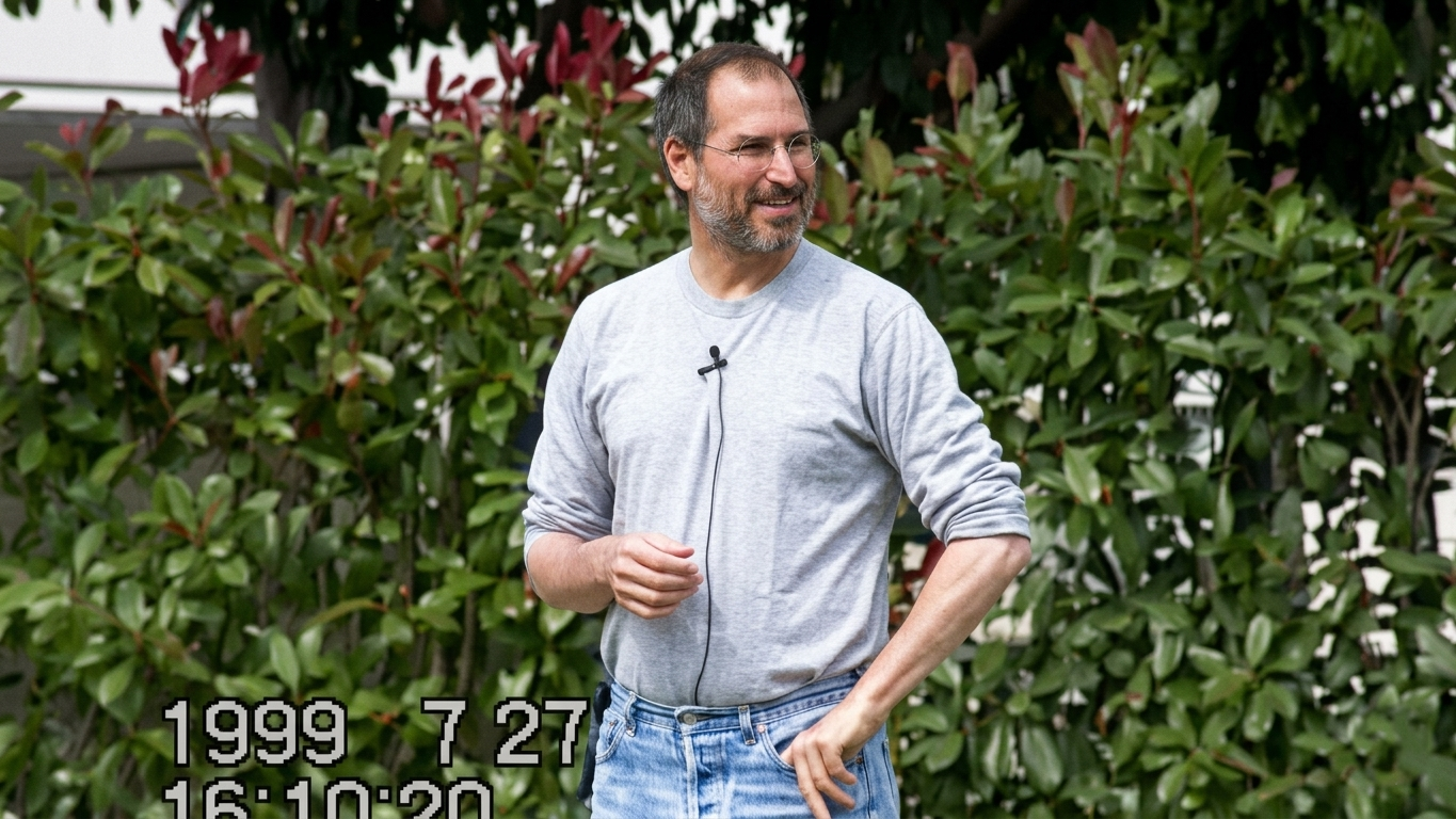 من موقع فون إسلام: رجل يرتدي قميصاً رمادياً وبنطلون جينز يقف في الخارج أمام شجيرات مورقة مبتسماً. يظهر التاريخ والوقت "1999 7 27 7 16:10:20:1999" في أسفل اليسار، مما يعطي هذا المشهد صورة شخصية تذكرنا بأيام آبل المبكرة.