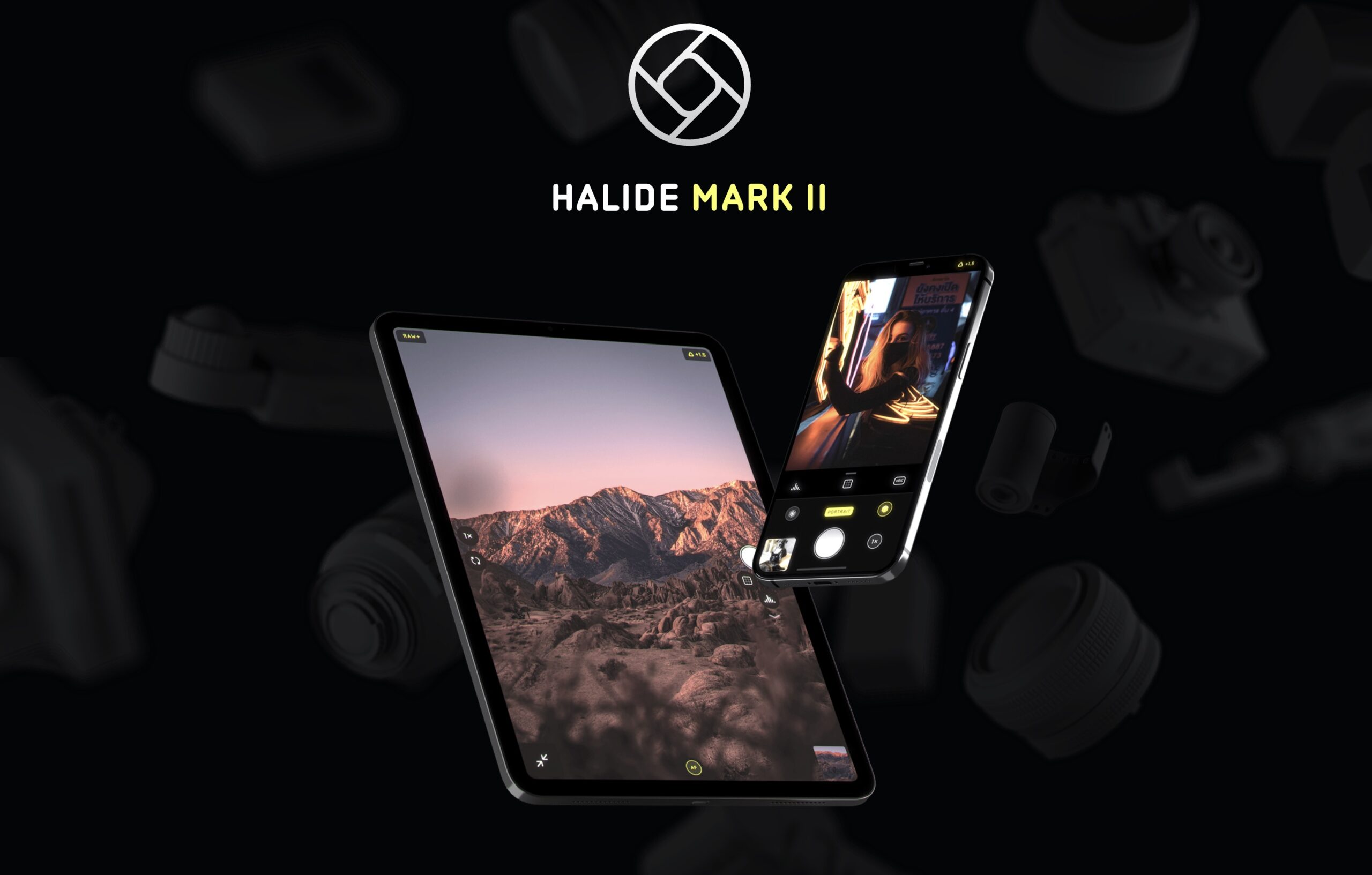 من موقع فون إسلام: ويعرض الجهاز اللوحي والهاتف الذكي واجهات تطبيق كاميرا يعرضان واجهات تطبيق كاميرا الهاتف الذكي مع النص "Halide Mark II" فوقها، وتحيط بها صور باهتة لمعدات الكاميرا على خلفية داكنة، مما يسلط الضوء على إمكانات كاميرا كاميرا كاميرا آي فون برو 18 المتقدمة.