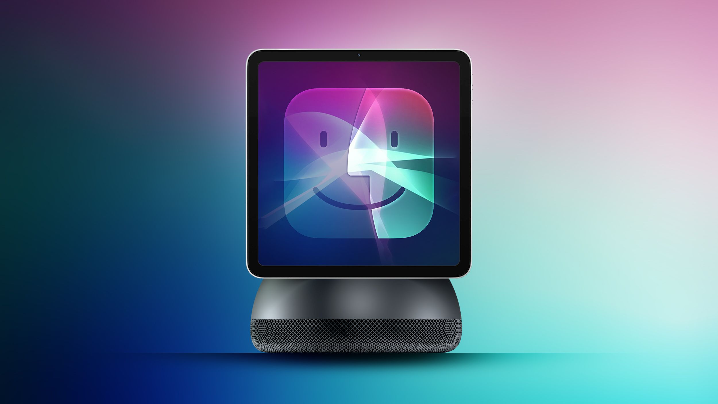 من موقع فون إسلام: جهاز لوحي يعرض أيقونة macOS Finder مثبت على مكبر صوت ذكي على خلفية متدرجة ملونة.