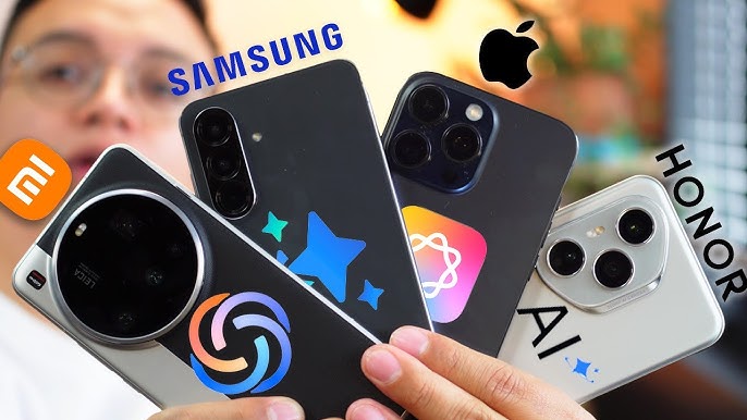 من موقع فون إسلام: شخص يحمل أربعة هواتف ذكية بعدسات كاميرا مرئية، كل منها يمثل علامات تجارية مختلفة: Xiaomi، وSamsung، وHonor، وتظهر ذكاء آبل في الصين من خلال تصميم جهاز Apple المبتكر.