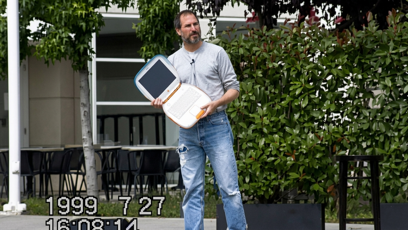 من موقع فون إسلام: رجل يرتدي قميصاً رمادياً وبنطال جينز يقف في الخارج ممسكاً بجهاز كمبيوتر محمول برتقالي وأبيض، ويكتب الطابع الزمني "1999 7 27 16:08:14:00:00" -فيفيديو نادر يوثق لحظة من عودة آبل مع ستيف جوبز.