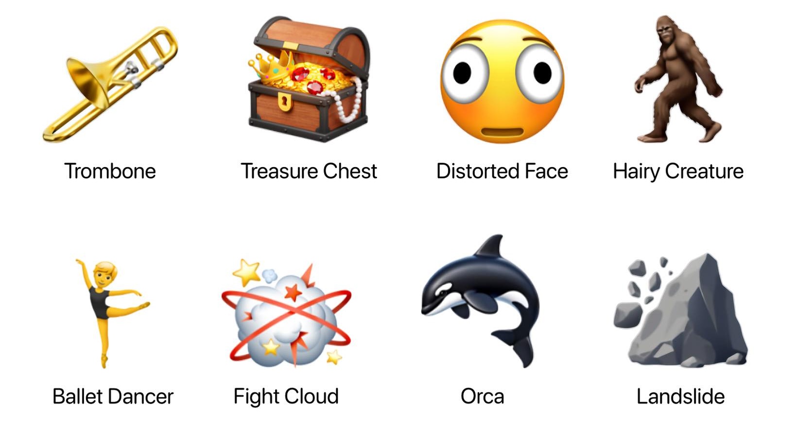 من موقع فون إسلام: مجموعة من ثمانية رموز تعبيرية - ترومبون، وصندوق الكنز، والوجه المشوه، والمخلوق المشعر، وراقص الباليه، وسحابة القتال، وحوت أوركا، والانهيار الأرضي - كل منها يحمل اسمه؛ مثالية للمشاركة بعد تحديث آي 26.4.