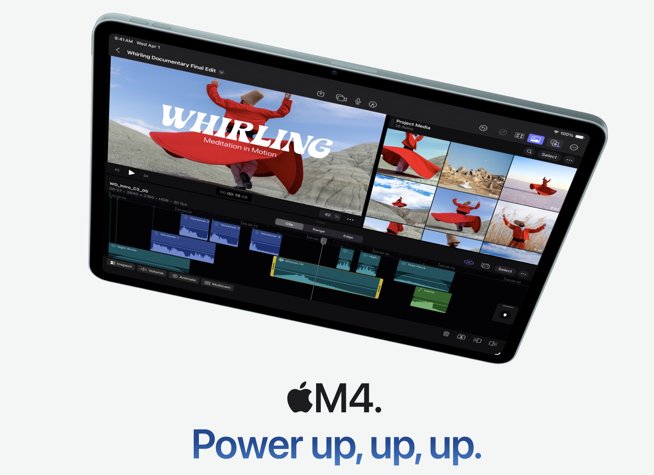 من موقع فون إسلام: جهاز لوحي يعرض برنامج تحرير الفيديو مع النص "WHIRLING" على الشاشة. أدناه، مكتوب "أبل M4 تشغيل.