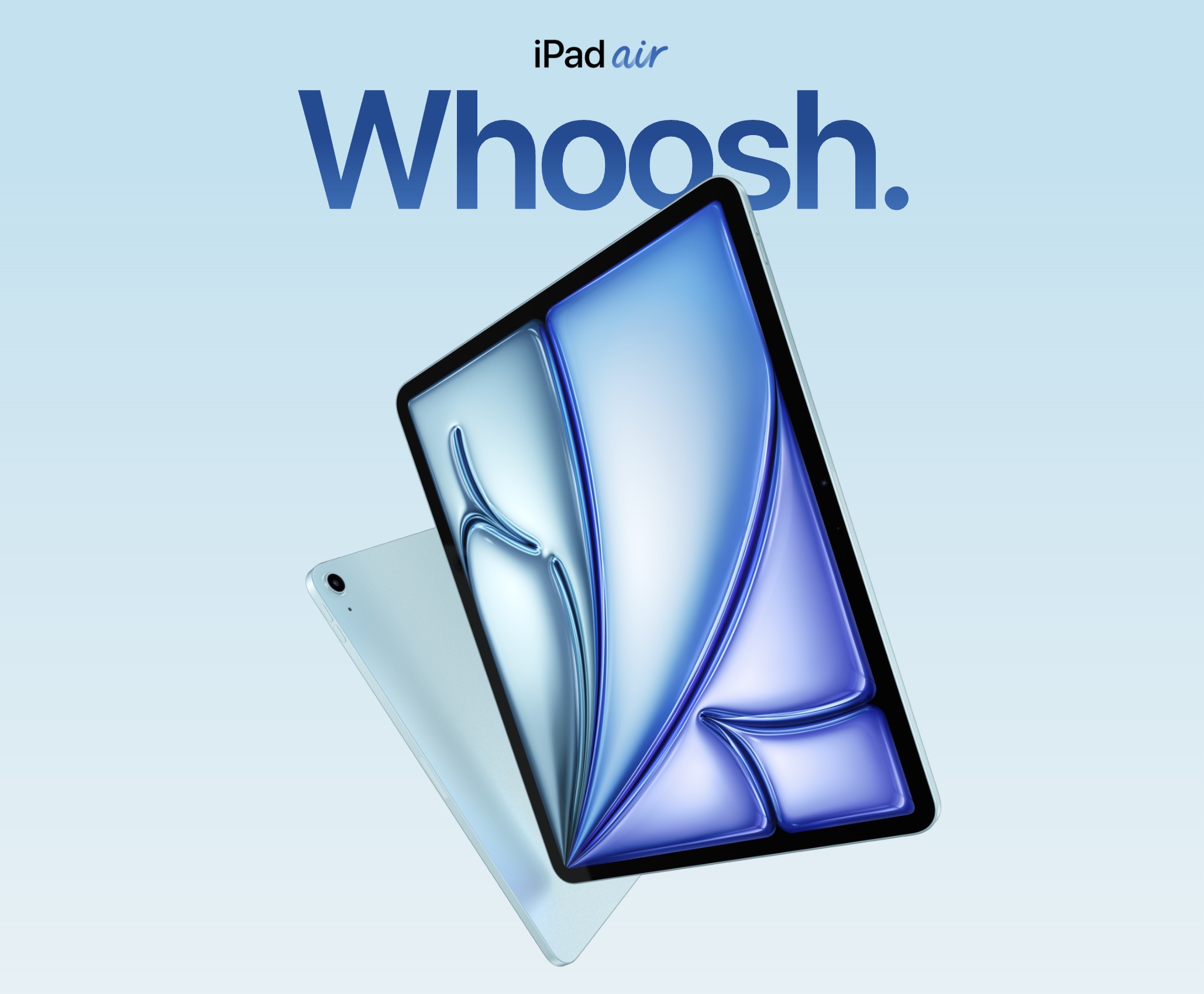 من موقع فون إسلام: جهازان لوحيان من iPad Air، أحدهما يعرض شاشة ملونة والآخر يعرض الجزء الخلفي من الجهاز، يطفوان على خلفية زرقاء مع نص "iPad air Whoosh." فوقهما.