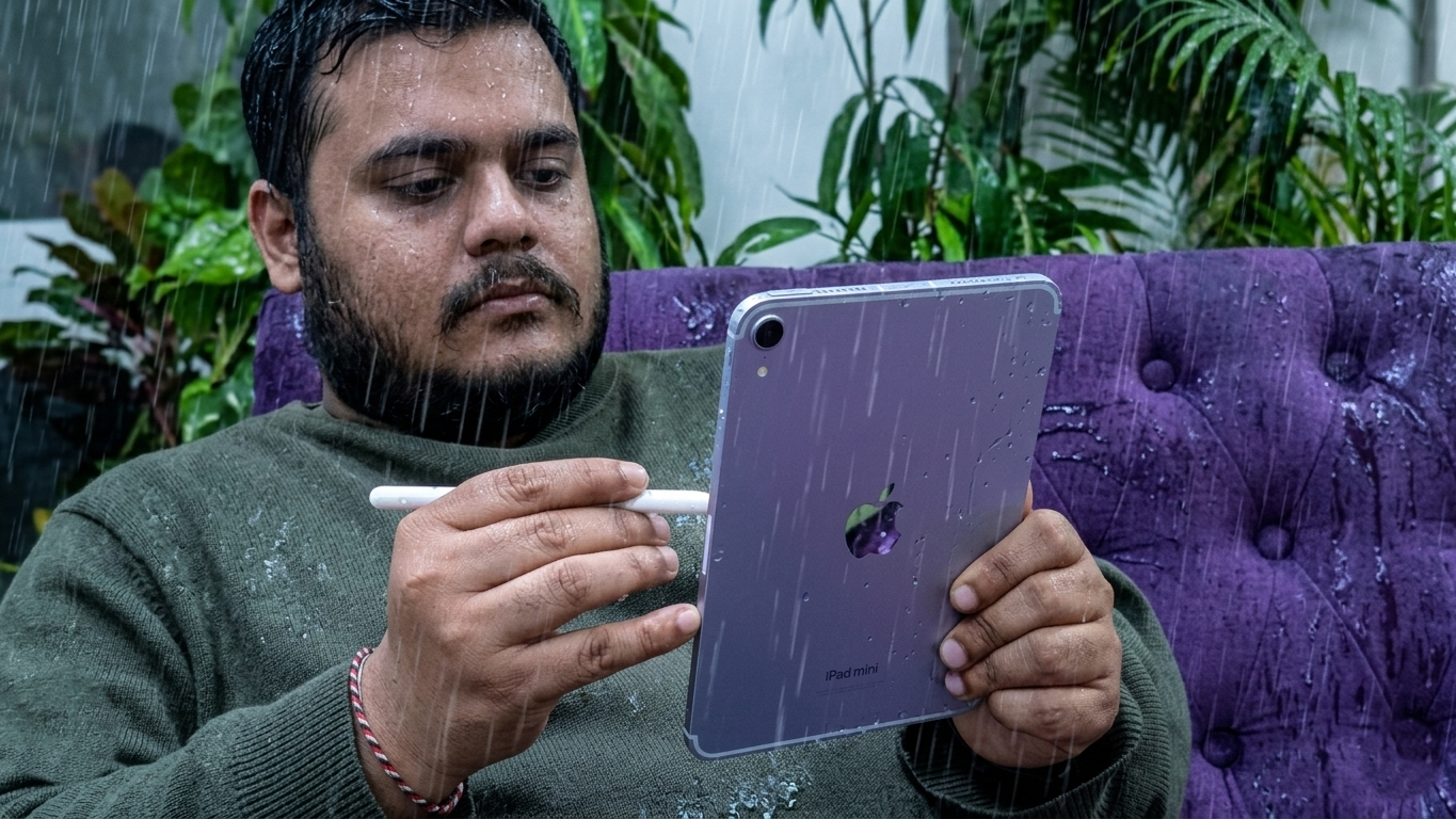 من موقع فون إسلام: رجل يجلس على أريكة أرجوانية اللون تحت المطر، ممسكًا بجهاز آيباد ميني وقلم إلكتروني وقطرات الماء ظاهرة على شاشة الجهازين وملابسه.