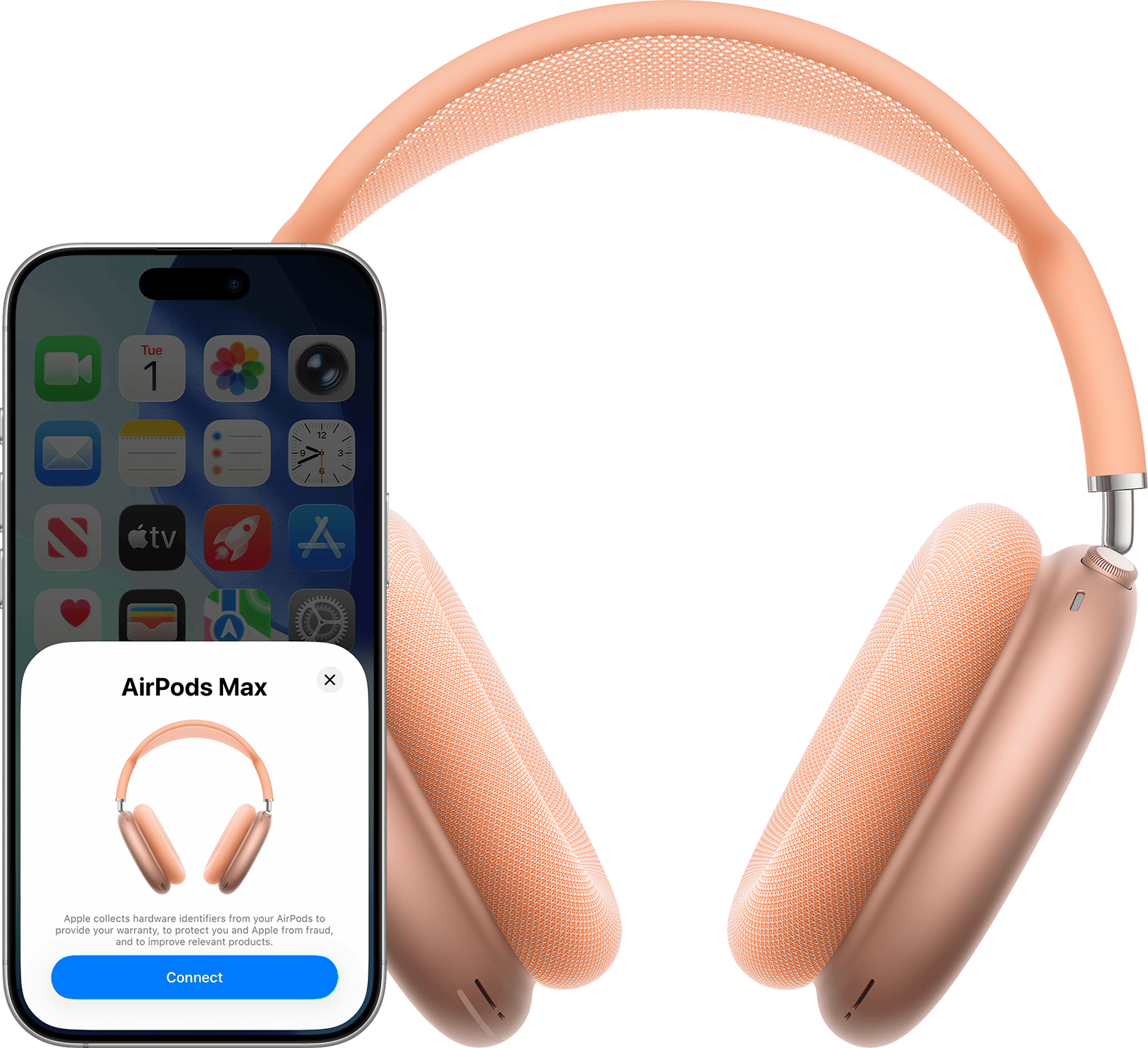 من موقع فون إسلام: يعرض الهاتف الذكي شاشة توصيل AirPods Max أمام زوج من سماعات الرأس فوق الأذن باللون الوردي على خلفية بيضاء، مع إبراز ميزات آبل في الاتحاد الأوروبي.