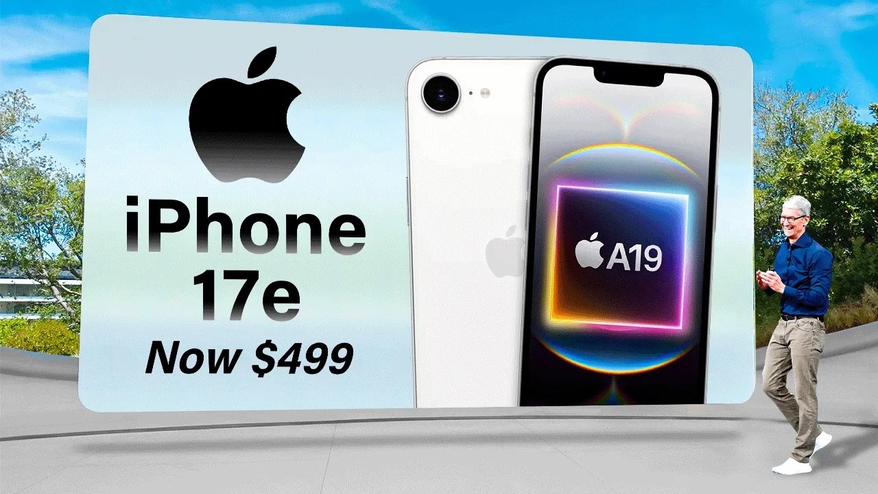 من موقع فون إسلام: يقف شخص إلى جانب شاشة عرض كبيرة تعرض جهاز آي-فون 17e مع أداء مذهل يتميز بشريحة A19 بسعر 499 دولارًا وشعار Apple في مكان خارجي.