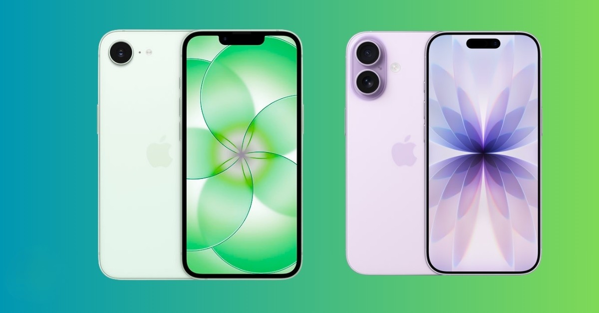 من موقع فون إسلام: يتم عرض جهازي آيفون من Apple، بما في ذلك هاتف آي فون 17e مع شريحة A19 المتطورة، جنباً إلى جنب، حيث تظهر خلفياتهما الخلفية التجريدية النابضة بالحياة على خلفية متدرجة من الأخضر إلى الأزرق.