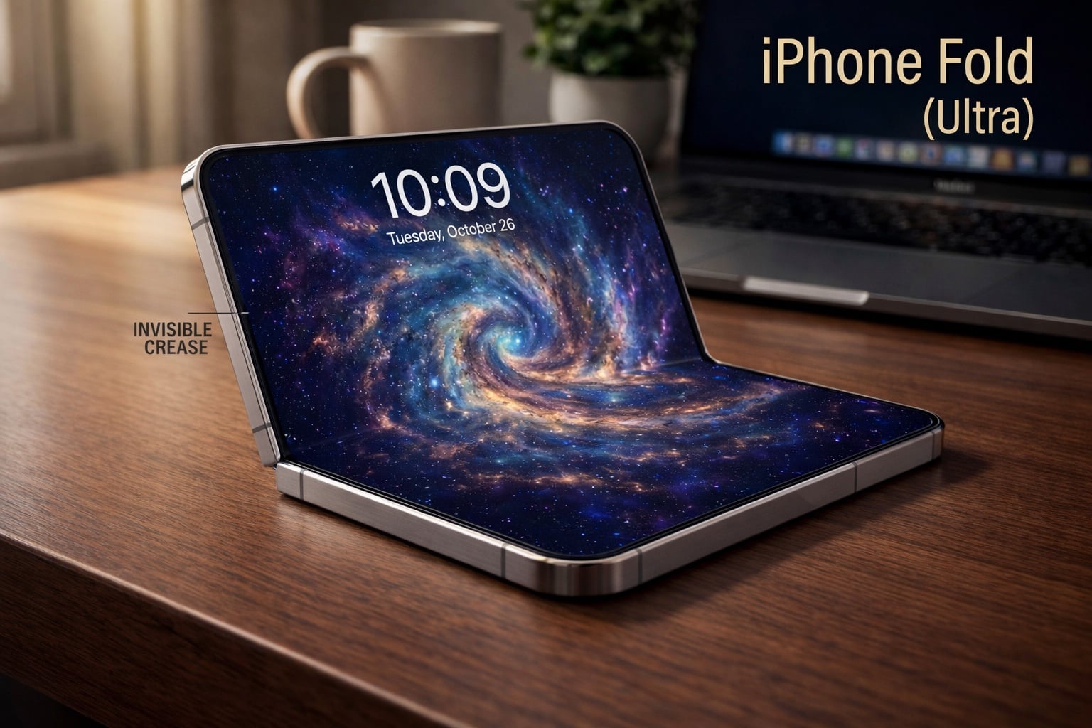 من موقع فون إسلام: هاتف آيفون قابل للطي مع شاشة عرض سلسة تظهر نمط المجرة مفتوح على مكتب خشبي بجانب كمبيوتر محمول وكوب قهوة. النص مكتوب عليه "iPhone Fold (Ultra)" و"INVISIBLE CREASE.