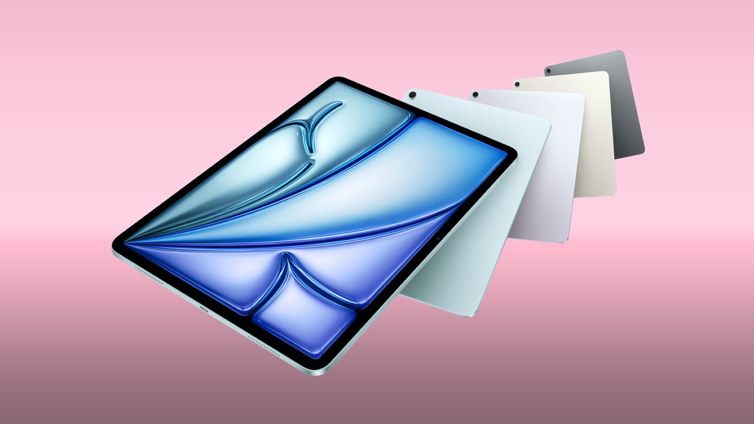 من موقع فون إسلام: يتم عرض جهاز لوحي رقمي متجه للأمام، وخلفه أربعة أجهزة لوحية أخرى بألوان مختلفة، وكلها موضوعة على خلفية وردية متدرجة.