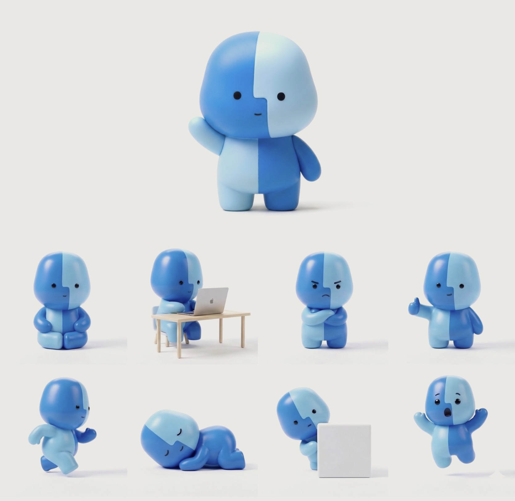 من موقع فون إسلام: شخصية كرتونية زرقاء في أوضاع مختلفة: التلويح، واستخدام جهاز MacBook Neo، والنظر بغضب، والإبهام لأعلى، والركض، والاستلقاء، والوقوف بجانب مربع أبيض فارغ.
