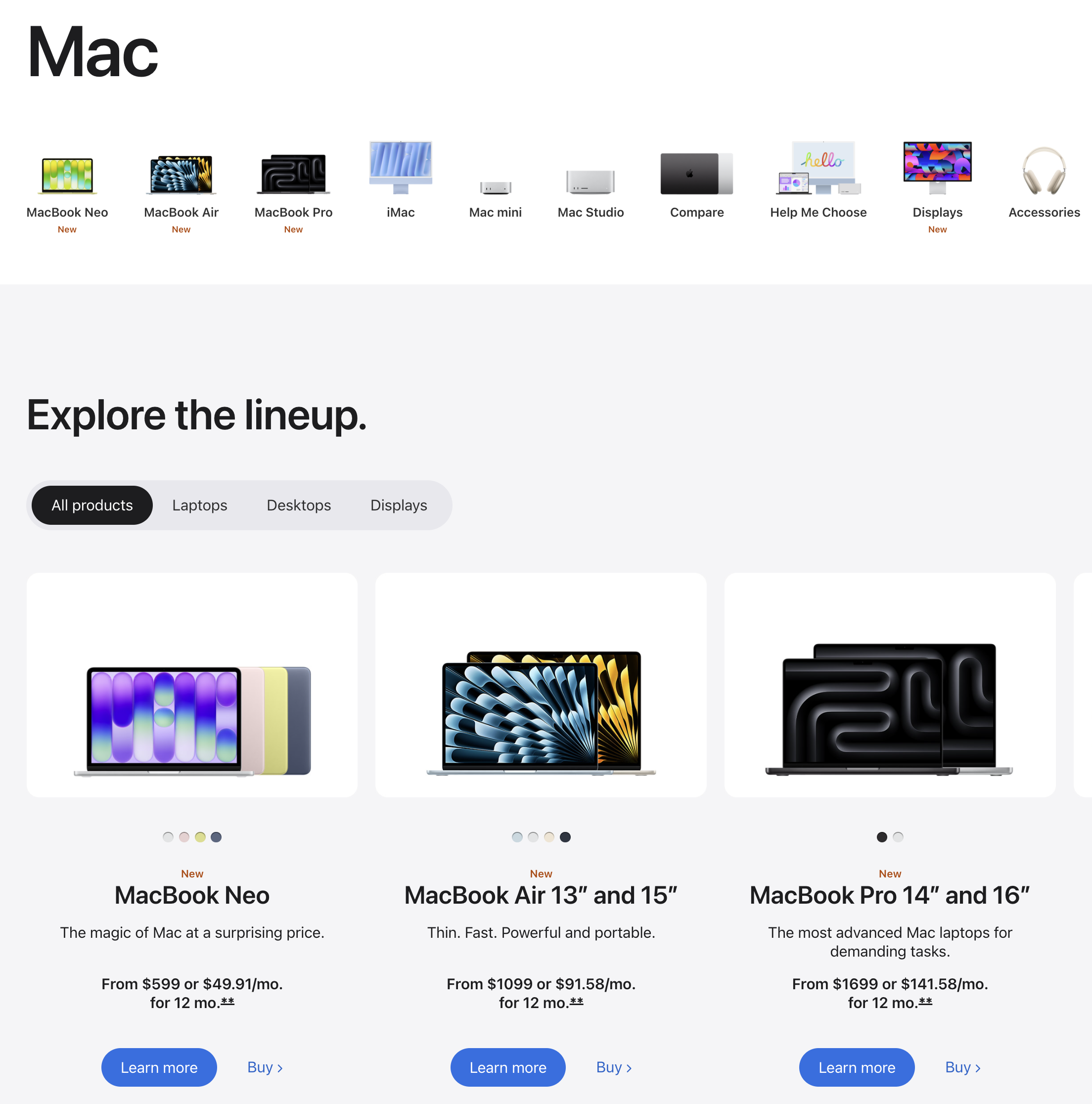 من موقع فون إسلام: صفحة الويب الخاصة بمجموعة Apple Mac التي تضم طُرز ماك برو وماك بوك نيو وماك بوك إير مع الأسعار وأزرار "معرفة المزيد" و"الشراء" أسفل كل منتج.