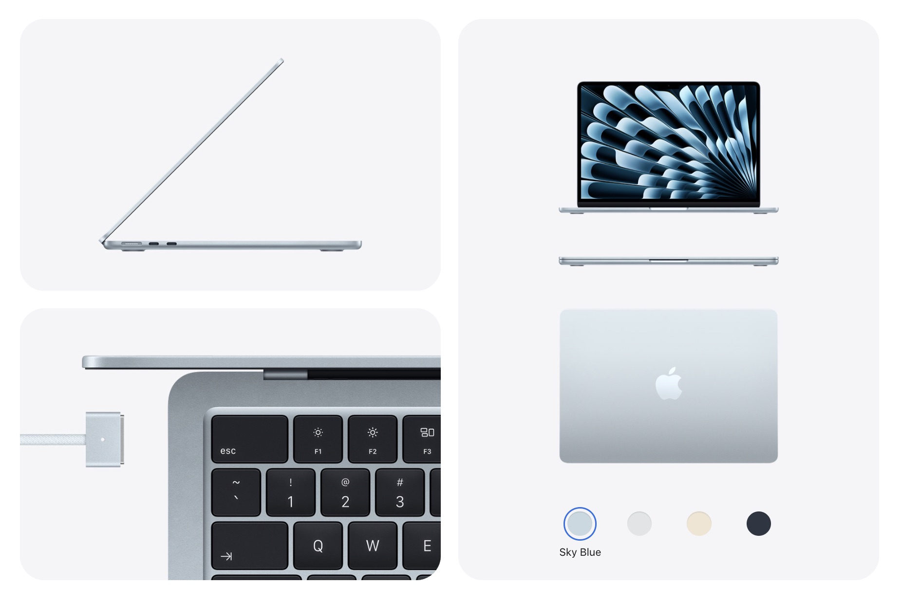 من موقع فون إسلام: صورة مجمعة تُظهر جهاز كمبيوتر محمول ماك بوك إير 5 M5 الفضي النحيف من زوايا جانبية وعلوية وأمامية مفتوحة، مع صورة مقربة للوحة المفاتيح والشاحن المغناطيسي، بالإضافة إلى خيارات الألوان: الأزرق السماوي والفضي والبيج.