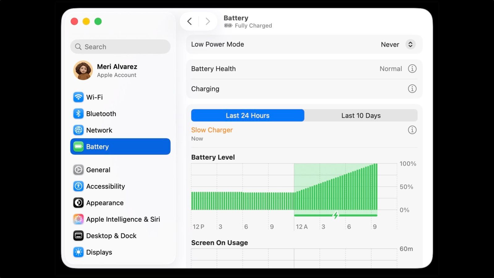من موقع فون إسلام: تعرض شاشة إعدادات بطارية الجهاز اللوحي رسمًا بيانيًا لمستوى البطارية، وحالة الشحن "مشحونة بالكامل"، وخيارات لعرض استخدام البطارية على مدار الـ 24 ساعة الماضية أو 10 أيام الماضية - وهي مثالية لمتابعة أخبار التقنية الأسبوعية.