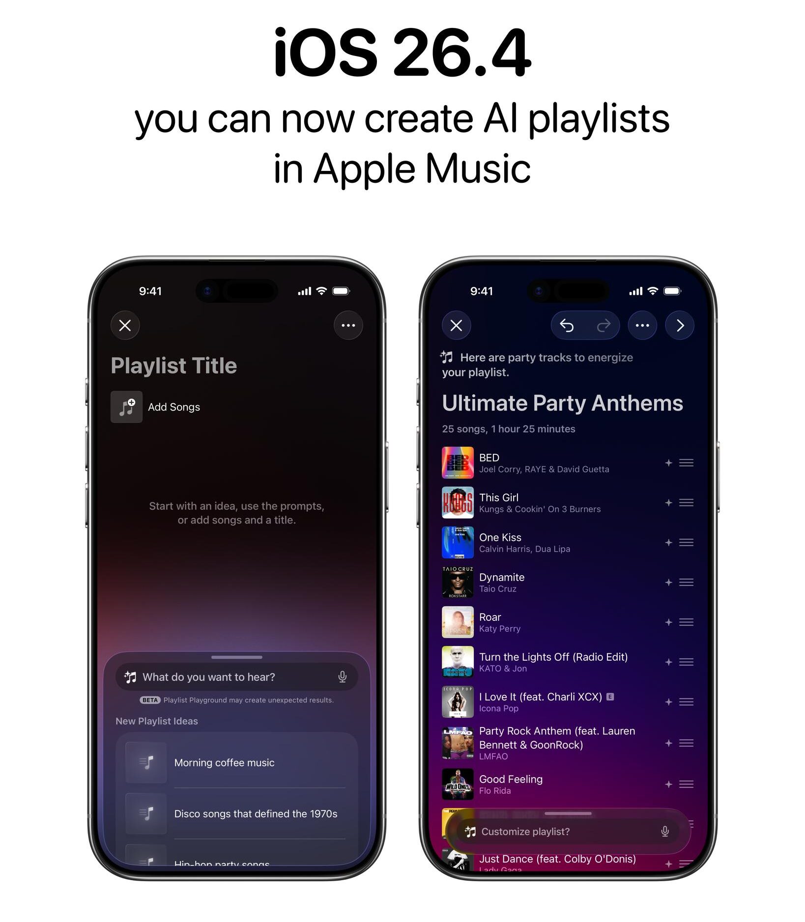 From Phonegram: Two iPhones showing the new AI playlist creation feature in Apple Music on iOS 26.4, displaying prompts and a generated playlist named 'Ultimate Party Anthems.'