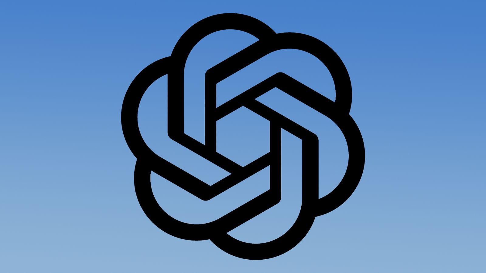 من موقع فون إسلام: شعار OpenAI الهندسي الأسود الهندسي الذي يتوسطه شعار OpenAI على خلفية متدرجة زرقاء.