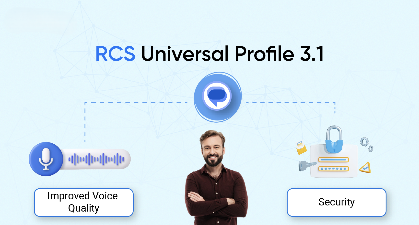 من موقع فون إسلام: رجل يقف واضعاً ذراعيه أسفل رسم بياني بعنوان "ملف تعريف RCS العالمي 3.1"، يسلط الضوء على جودة الصوت المحسّنة والأمان وتشفير RCS- آي سي إس- وأندرويد من خلال الأيقونات والنصوص.