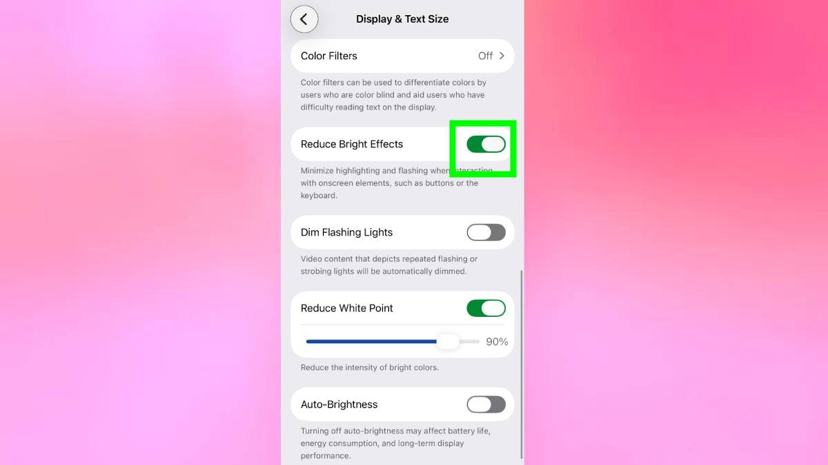 From Phonegram: The phone screen shows the 'Reduce Bright Effects' option enabled in Display & Text Size settings after the iOS 26.4 update, with other display options listed below.