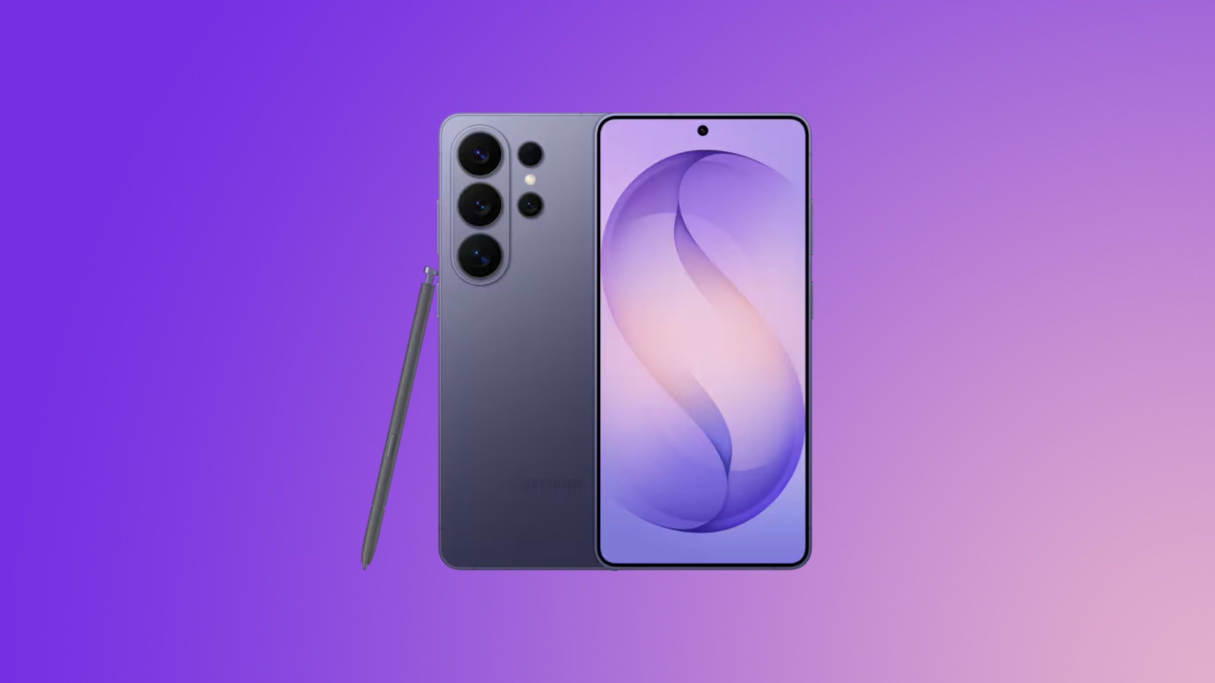 من موقع فون إسلام: يظهر هاتف ذكي حديث مزود بقلم من الأمام والخلف على خلفية متدرجة أرجوانية اللون. يحتوي الهاتف على كاميرات خلفية متعددة وكاميرا أمامية في المنتصف.