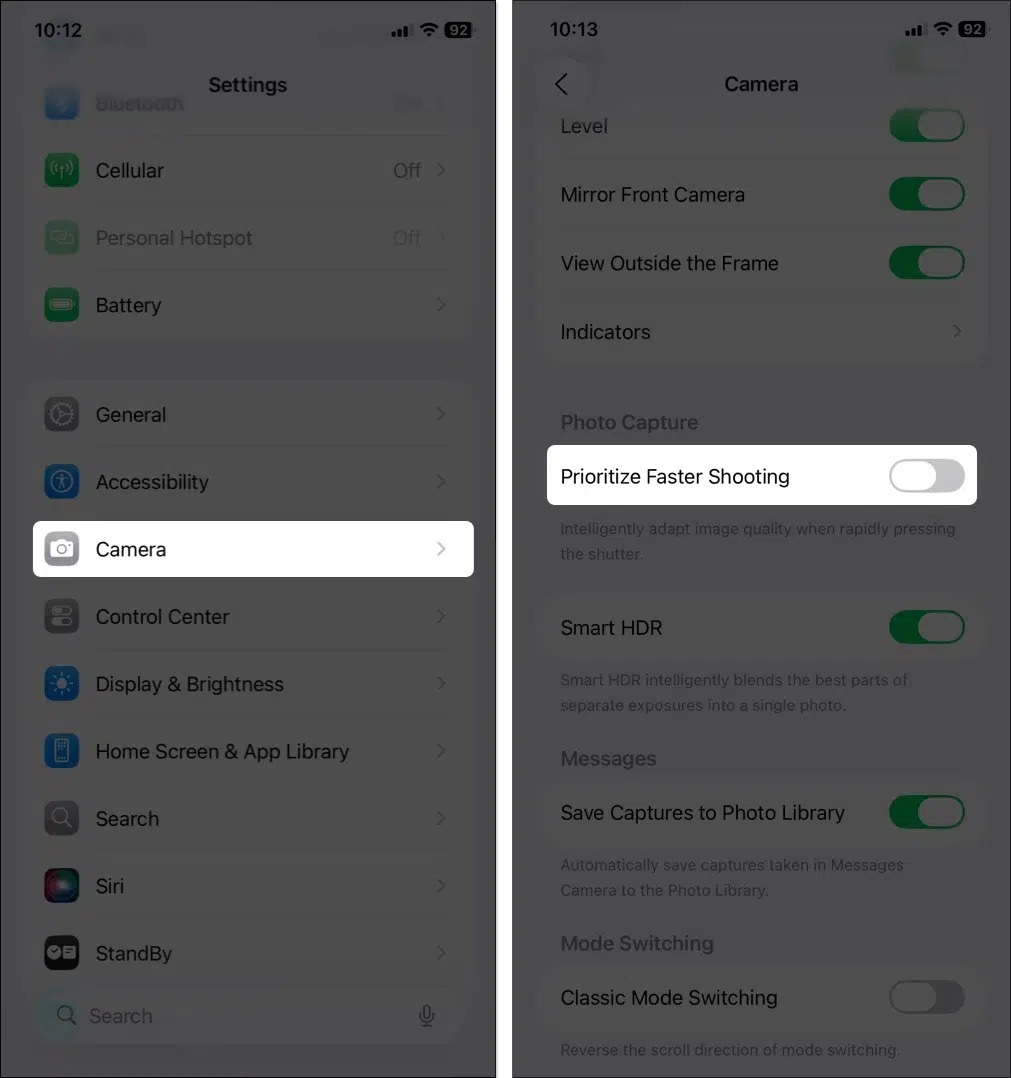 من موقع فون إسلام: شاشتا إعدادات iPhone; تُظهِر الشاشة اليسرى "كاميرا كاميرا الآيكوني-فون" المحددة في الإعدادات، بينما تُبرز الشاشة اليمنى مفتاح تبديل "إعطاء الأولوية للتصوير الأسرع"، لتكشف عن أحد أسرار التصوير على لقطات احترافية بإعدادات دقيقة.