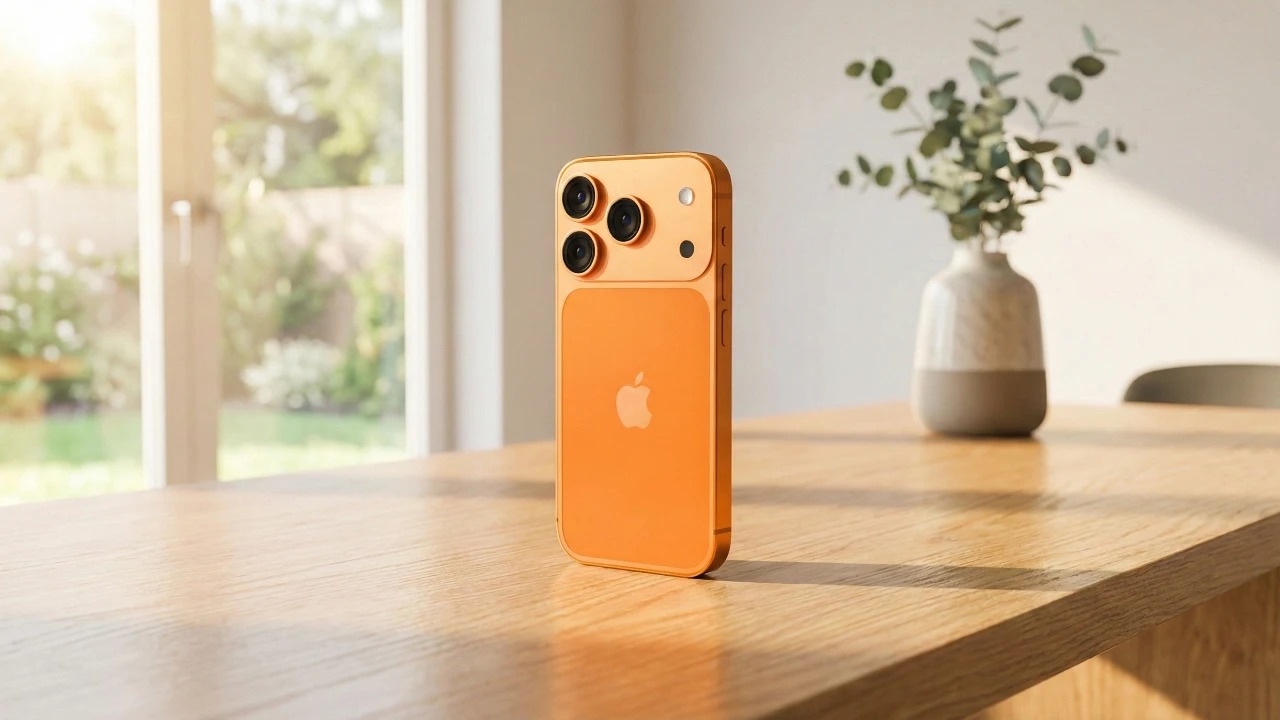 من موقع فون إسلام: يقف جهاز آيفون برتقالي اللون في وضع مستقيم على طاولة خشبية في غرفة مشرقة، يلتقط لقطة احترافية مع كاميرا الآي فون. توجد مزهرية من أوراق الشجر الخضراء في الخلفية تظهر فيها أسرار التصوير في كل زاوية.