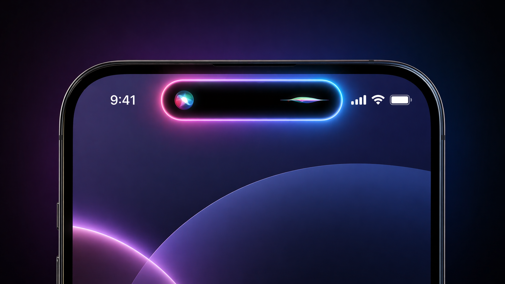 من موقع فون إسلام: تعرض شاشة الهاتف الذكي الذي يعمل بنظام iOS 27 وسيري الوقت 9:41، وقوة الإشارة، وأيقونة البطارية، ورسوم متحركة ملونة لسيري في منطقة الجزيرة الديناميكية في الأعلى.