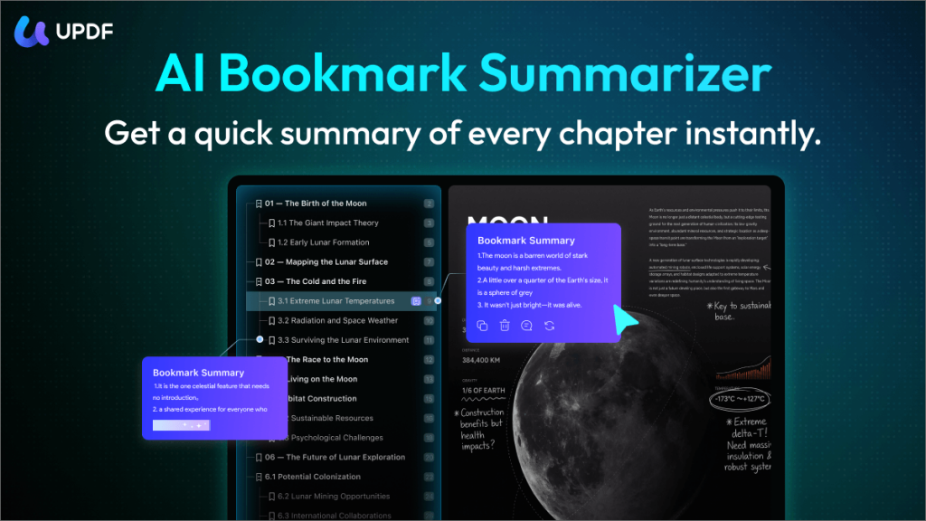 من موقع فون إسلام: لقطة شاشة لواجهة برنامج تلخيص الإشارات المرجعية للذكاء الاصطناعي للفصل في وثيقة رقمية عن القمر الاصطناعي يستخدم الذكاء الاصطناعي لتقديم ملخصات سريعة للفصول في وثيقة رقمية عن القمر الاصطناعي.