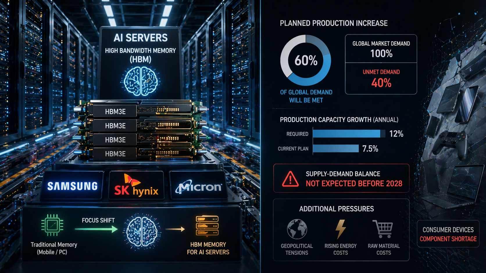 من موقع فون إسلام: إنفوجرافيك يوضح الطلب على ذاكرة خادم الذكاء الاصطناعي والزيادات المخطط لها في الإنتاج والحصة السوقية لكل من Samsung وSK hynix وMicron، والتوازن بين العرض والطلب في ظل نقص الذاكرة العالمية مع التركيز على ذاكرة HBM (ذاكرة عالية النطاق الترددي).