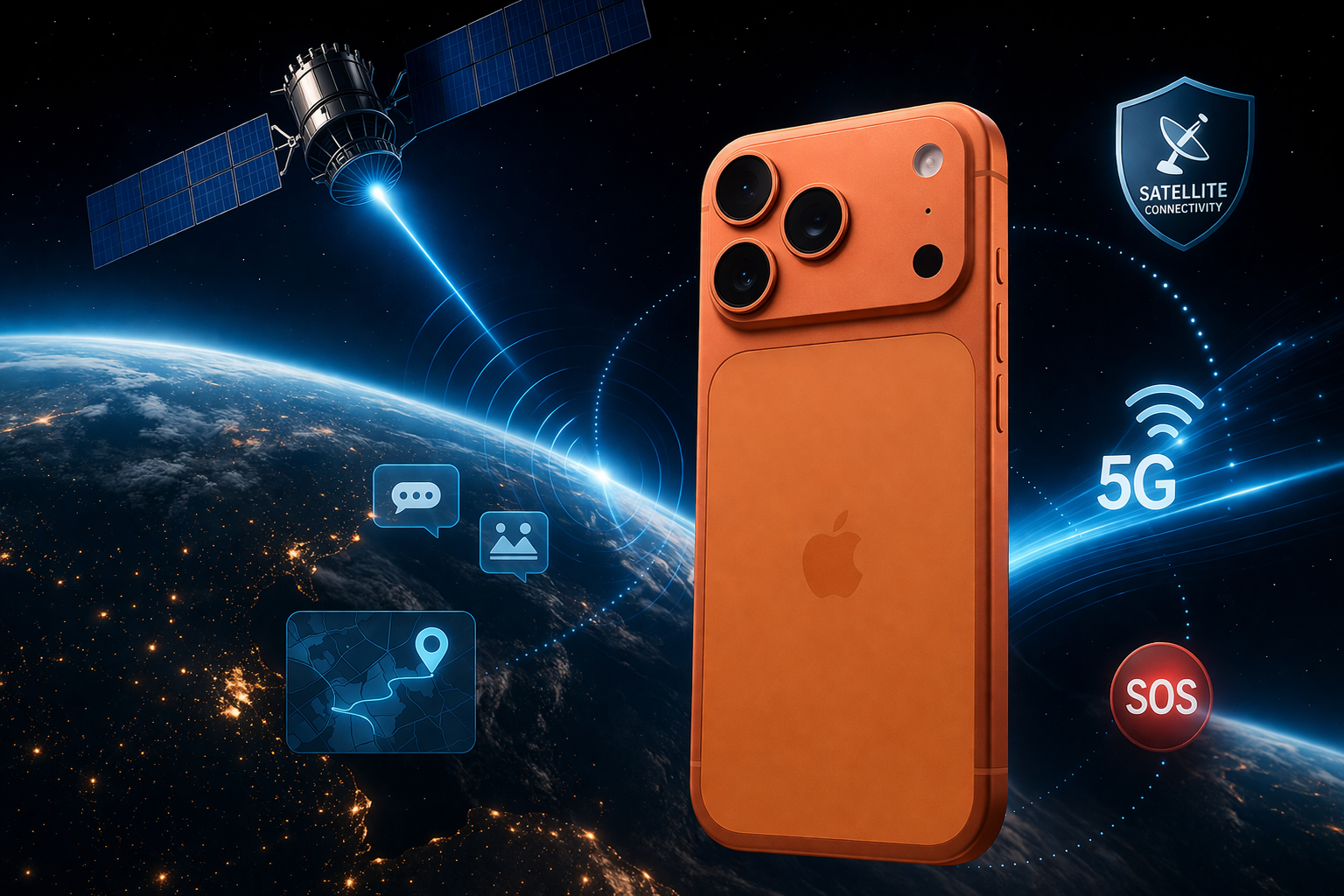 من موقع فون إسلام: يظهر هاتف أورانج الذكي المزوّد بثلاث كاميرات خلفية بالقرب من الأرض مع قمر صناعي في الأعلى، محاطًا بأيقونات للاتصال بالأقمار الصناعية وشبكة الجيل الخامس (5G) والموقع والمراسلة، وSOS، بينما تظهر أخبار مثل "أما تستحوذ على غلوبال ستار" ضمن عناصر المشهد.