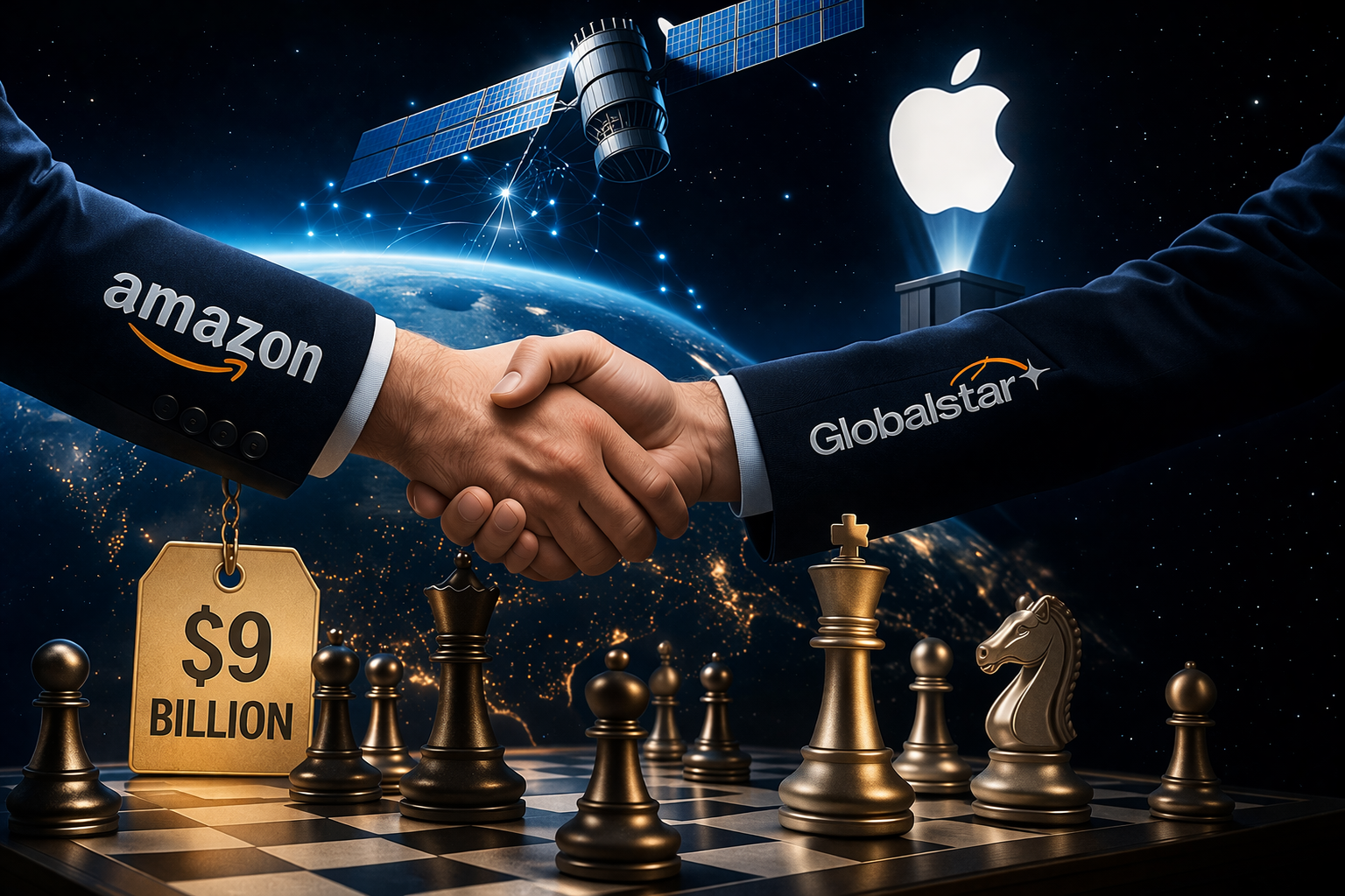 من موقع فون إسلام: رجلان من رجال الأعمال يتصافحان فوق رقعة شطرنج عليها شعار أمازون وغلوبالستار، وعلامة بقيمة 9 مليارات دولار، وشعار شركة آبل، وقمر صناعي في الفضاء فوق الأرض، وهو ما يرمز إلى أن.