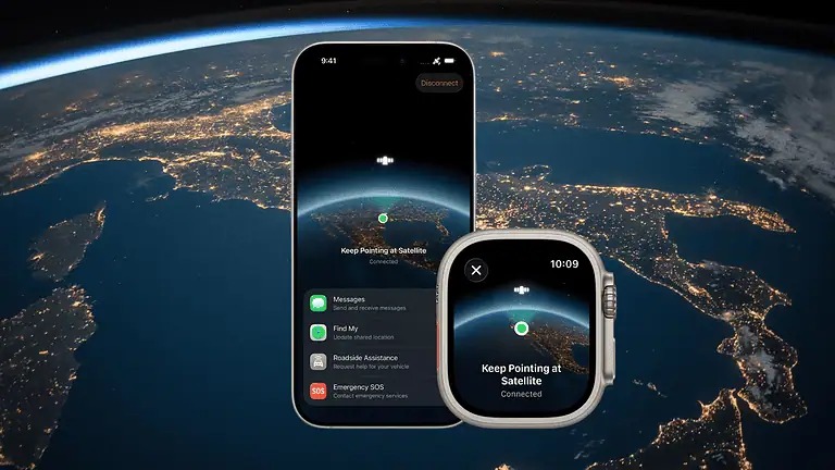من موقع فون إسلام: يعرض هاتف ذكي وساعة ذكية شاشات اتصال بالأقمار الصناعية، مع تسليط الضوء على الأقمار الصناعية في الآي-فون مع صورة للأرض من الفضاء في الخلفية.