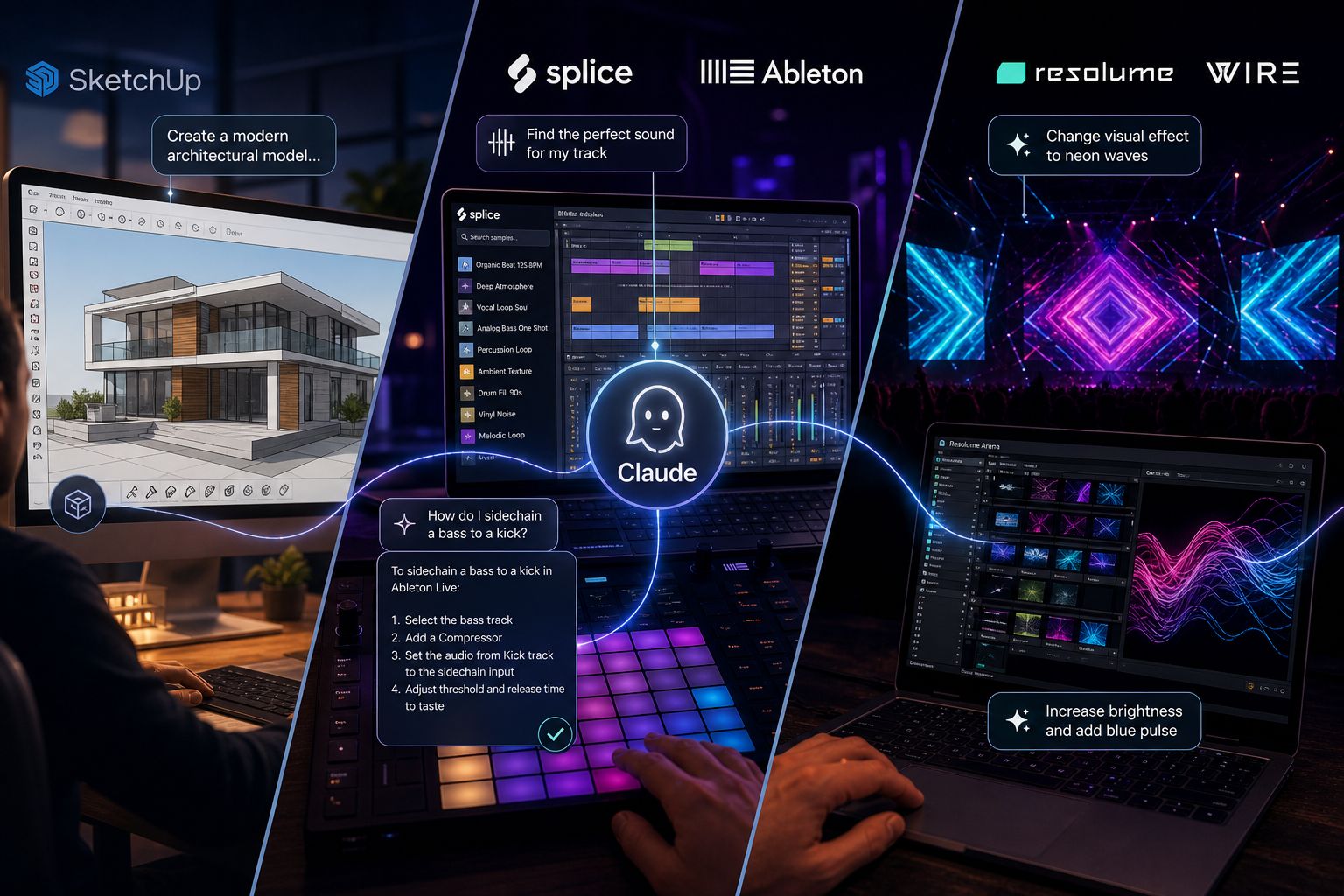من موقع فون إسلام: صورة منقسمة الشاشة تظهر التصميم المعماري في SketchUp، وإنتاج الموسيقى في Splice وAbleton، وتحرير المؤثرات البصرية في Resolume Wire - كل ذلك محسّن بواسطة ذكاء كلود في أدوبي وبلندر مع إرشادات مميزة.