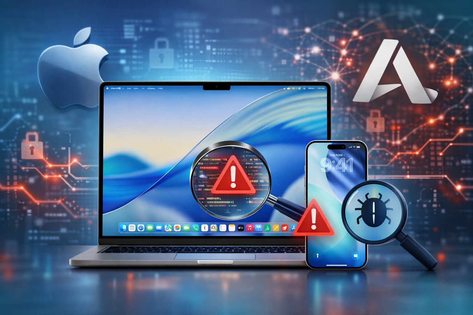 من موقع فون إسلام: جهاز كمبيوتر محمول وهاتف ذكي يعرضان رموزاً تحذيرية، مع وجود شعارات Apple وAndroid في الخلفية, تسليط الضوء على تهديدات الأمن السيبراني أو تنبيهات البرمجيات الخبيثة على الأجهزة الرقمية وأهمية أمن آبل والذكاء الاصطناعي في الحماية.