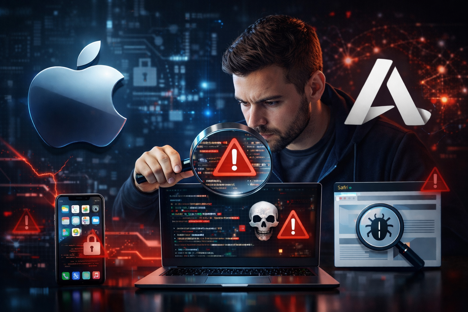 من موقع فون إسلام: رجل يتفحص حاسوباً محمولاً عليه رموز تحذيرية وأيقونات برمجيات خبيثة، محاطاً بشعارات آبل وشعارات تقنية أخرى، وهاتفاً ذكياً، ورسومات أمن المعلومات التي توضح أمن آبل والذكاء الاصطناعي.